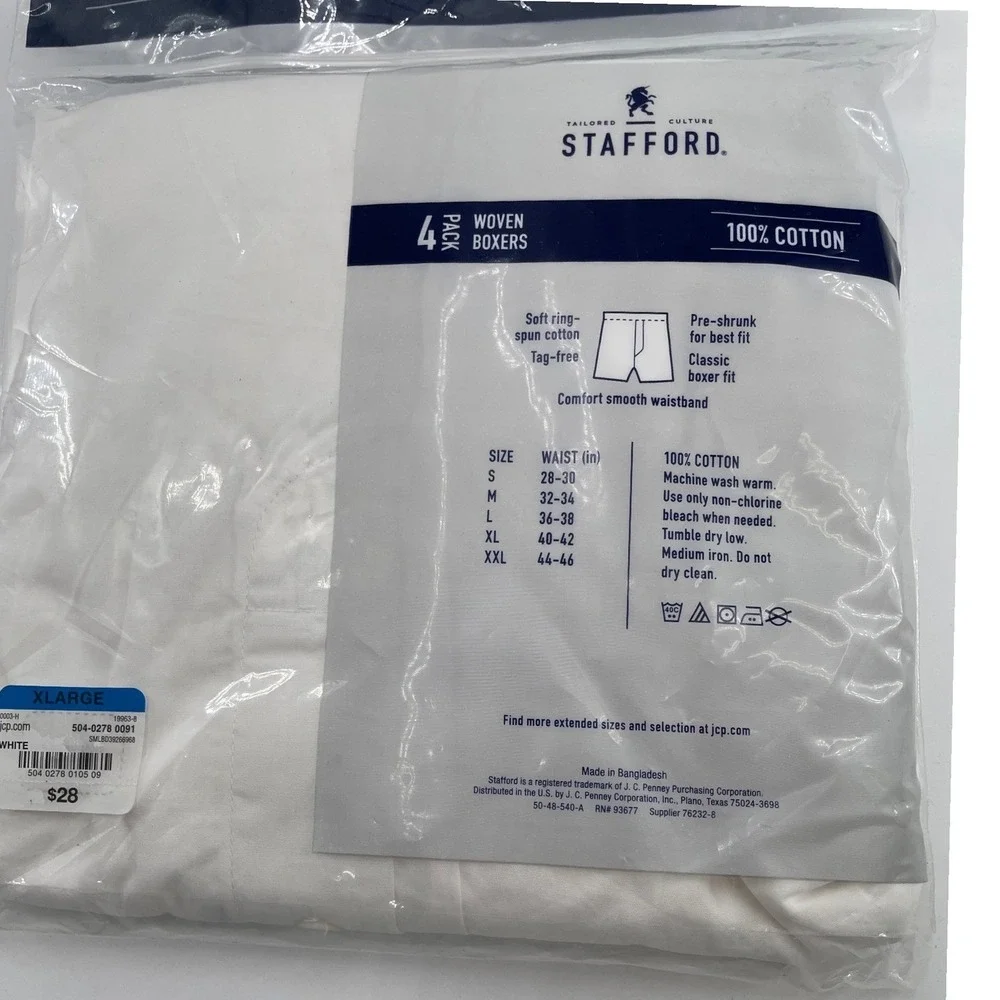 Stafford Mens 4 Pack Woven Boxers 100% Cotton White Comfort Stretch XL Button